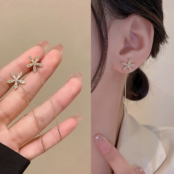 Gold Flower Thread Dangle Earrings - Picture 3 of 5